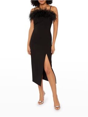 Likely Black Feather-Trim Midi Dress with Side Slit